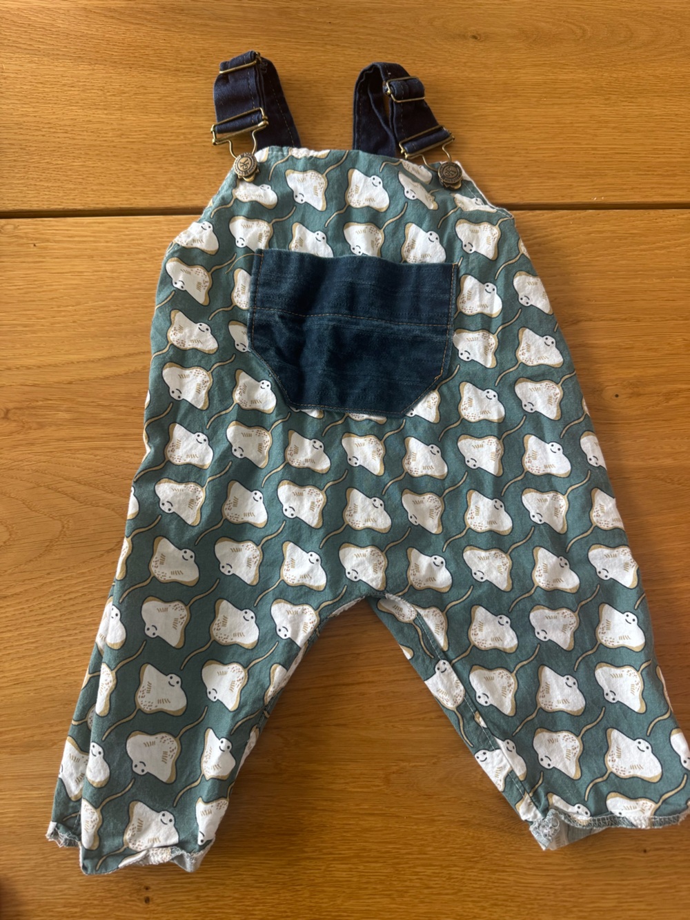 Cute Sting Ray Print Baby Overalls - Teal & White